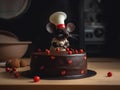 A chocolate cake with a chocolate mouse figurine next to, AI