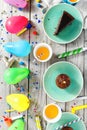 Chocolate cake muffins decoration party top view children birthday table Royalty Free Stock Photo