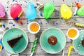 Chocolate cake muffins decoration party top view children birthday table Royalty Free Stock Photo