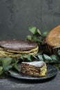 Chocolate cake napaleon, sweetness. Photograph of food on a dark background