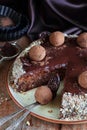 Chocolate cake with nuts and homemade chocolates