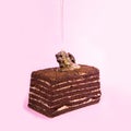 Chocolate cake on a pink background with honey. Pour the honey on the cake.