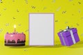 Chocolate cake pink icing candle picture frame mockup gift box mockup 3d render yellow background. Birthday party poster Royalty Free Stock Photo