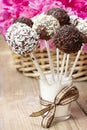 Chocolate cake pops on wooden table Royalty Free Stock Photo