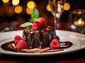 a chocolate cake with raspberries and mint leaves on a white plate Royalty Free Stock Photo
