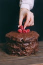 Chocolate cake with raspberry on a wooden background hand Royalty Free Stock Photo
