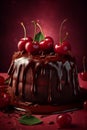 Chocolate cake with red cherries and hot fudge. Sweet pastry dessert with brown icing. Dark food photo, rustic style. Image is AI Royalty Free Stock Photo