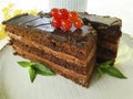 Chocolate cake, red currant, mint, flower homemade flavor portion creamy biscuit flavor summer plate on white wooden