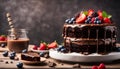 Chocolate cake with rich, fudgy frosting and perfectly layered cake, with fresh berries and melted chocolate. sweet dessert