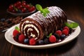 Chocolate cake roll wtih berries. Generate Ai