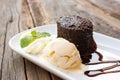 Chocolate cake with rum raisin ice cream and whipping cream on w Royalty Free Stock Photo