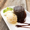 Chocolate cake with rum raisin ice cream and whipping cream. Royalty Free Stock Photo