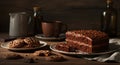 Chocolate cake slice and cookies on rustic wood table with coffee cup Royalty Free Stock Photo