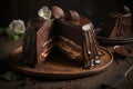 a chocolate cake with a slice cut out of it on a plate with a knife and fork on the side of the plate and a flower on the side of Royalty Free Stock Photo