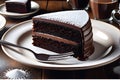 Chocolate cake slice hyper-realistic photo glistening fudge icing visible texture of the sponge Royalty Free Stock Photo