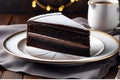 Chocolate cake slice hyper-realistic photo glistening fudge icing visible texture of the sponge Royalty Free Stock Photo