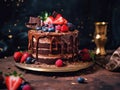 A chocolate cake with strawberries, blueberries and chocolate. Generative AI image. Royalty Free Stock Photo