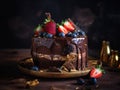 A chocolate cake with strawberries and blueberries on a plate. Generative AI image. Royalty Free Stock Photo