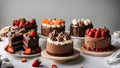 chocolate cake with strawberries different cakes on a white tablecloth. The cakes are round and have various toppings