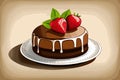 Chocolate cake with strawberries and cream icing on a plate. Vector illustration of dessert, sweet bakery, generative ai Royalty Free Stock Photo