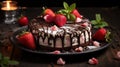 A chocolate cake with strawberries and mint on a black plate, AI Royalty Free Stock Photo