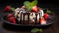 A chocolate cake with strawberries and mint on a black plate, AI Royalty Free Stock Photo