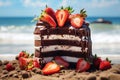 Chocolate cake with strawberries. Strawberry cake on the beach. Sliced chocolate sponge cake. Sliced roll vanilla sponge Royalty Free Stock Photo