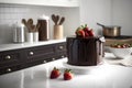Chocolate cake with strawberries on a kitchen countertop, generative AI Royalty Free Stock Photo