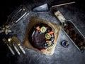 Sweet pastry dessert chocolate cake with strawberry, kiwi and bl Royalty Free Stock Photo