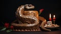 chocolate cake on the table in the shape of a boa constrictor, on a dark background with red candles, banner Royalty Free Stock Photo