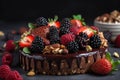 a chocolate cake topped with berries and nuts on top of a black table with a bowl of nuts and a bowl of berries in the background