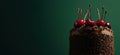 Chocolate cake topped with cherries, rich chocolate shavings, elegant presentation, dark green background, copy space Royalty Free Stock Photo