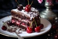 Chocolate cake topped with fresh red cherries and a dusting of powdered sugar Royalty Free Stock Photo