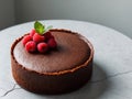 A chocolate cake topped with raspberries and a sprig of mint sits on a gray surface. Royalty Free Stock Photo