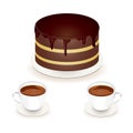 Chocolate cake two cup of coffee. White cup brown cake on white. Design element stock vector illustration