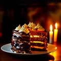 Chocolate cake with white cream. Delicious sweet with a cut out piece. Two candles are lit at backdrop. Generative AI Royalty Free Stock Photo