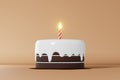 Chocolate cake white icing candle 3d rendering pastel beige background. Sweet cream layered dessert topping decoration