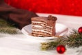 Chocolate cake on a white plate. A piece of chocolate cake on a white plate. Traditional sweets for birthday and other holidays