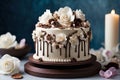 Chocolate cake with white roses and candles on a blue background