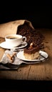 Chocolate cake on wooden table with a coffee cup.