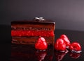 Chocolate cake zacher with raspberry, mousse in the mirror reflection, section Royalty Free Stock Photo