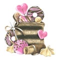 Chocolate cakes, donuts, waffles and yummy pink icing and heart-shaped lollipops. Watercolor illustration. A composition