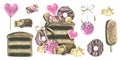 Chocolate cakes, donuts, waffles and yummy pink icing and heart-shaped lollipops. Watercolor illustration. A set from a