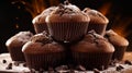 Chocolate cakes, muffins or cupcakes, baked in a bakery holiday sweet food recipe idea, generative ai