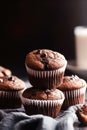 Chocolate cakes, muffins or cupcakes, baked in a bakery holiday sweet food recipe idea, generative ai