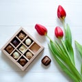 Chocolate candies in the box. Candy box and tulips for the romantic gift on white background Royalty Free Stock Photo