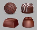 Chocolate candies. Delicious dessert various geometrical sweets with jam bonbons dark truffle decent vector sugar