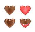 Chocolate candies desserts and candies in red foil wrapper. Heart shape pralines realistic set