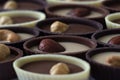 Chocolate candies with filling and nuts, sweets background. Oval sweets made of black, milk and white chocolate with hazelnuts,