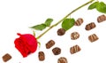 Chocolate candies and red rose isolated on white Royalty Free Stock Photo